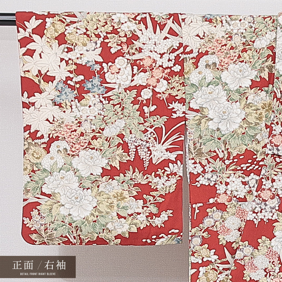 小紋 袷 身丈151cm 裄丈65cm 正絹 Sランク インフォーマル バチ衿 Sサイズ 花柄 牡丹 赤系 RP 1221-15045