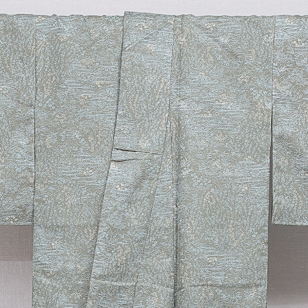未使用品 洗える着物 小紋 袷 身丈164cm 裄丈64cm ポリエステル Nランク インフォーマル 広衿 Lサイズ 観世水 花柄 緑系 RP 1221-16061