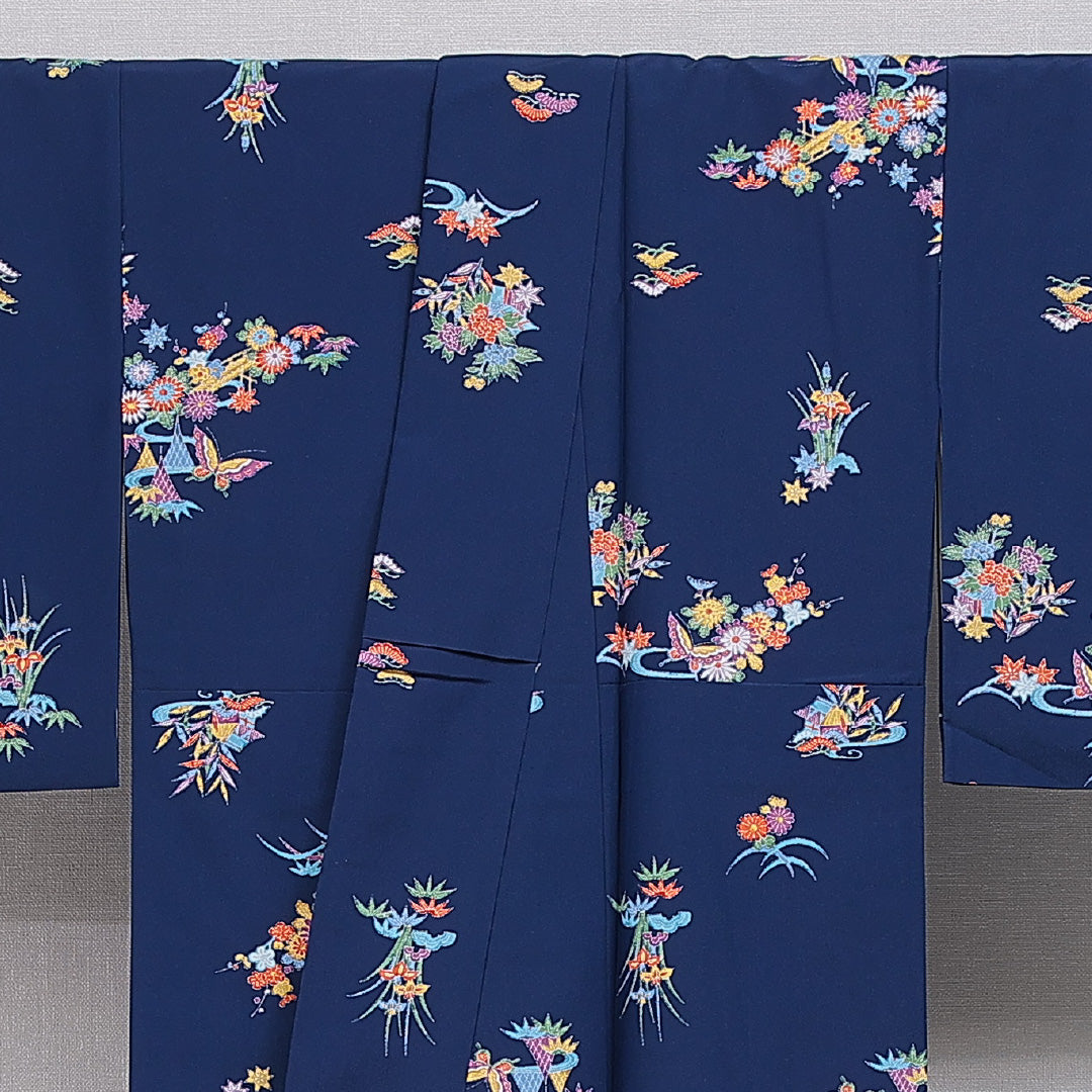 洗える着物 小紋 袷 身丈159cm 裄丈62cm ポリエステル Sランク インフォーマル 広衿 Mサイズ 茶屋辻 紺系 RP 1221-16089