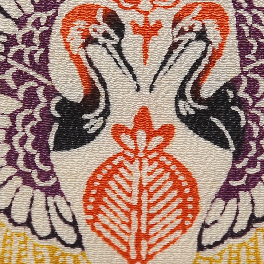 アンティーク 九寸名古屋帯 帯丈361cm セミフォーマル 名古屋仕立て ポイント柄 Bランク 正絹 染め帯 ちりめん 江戸紅型 鳳凰 黄系 1224-03705