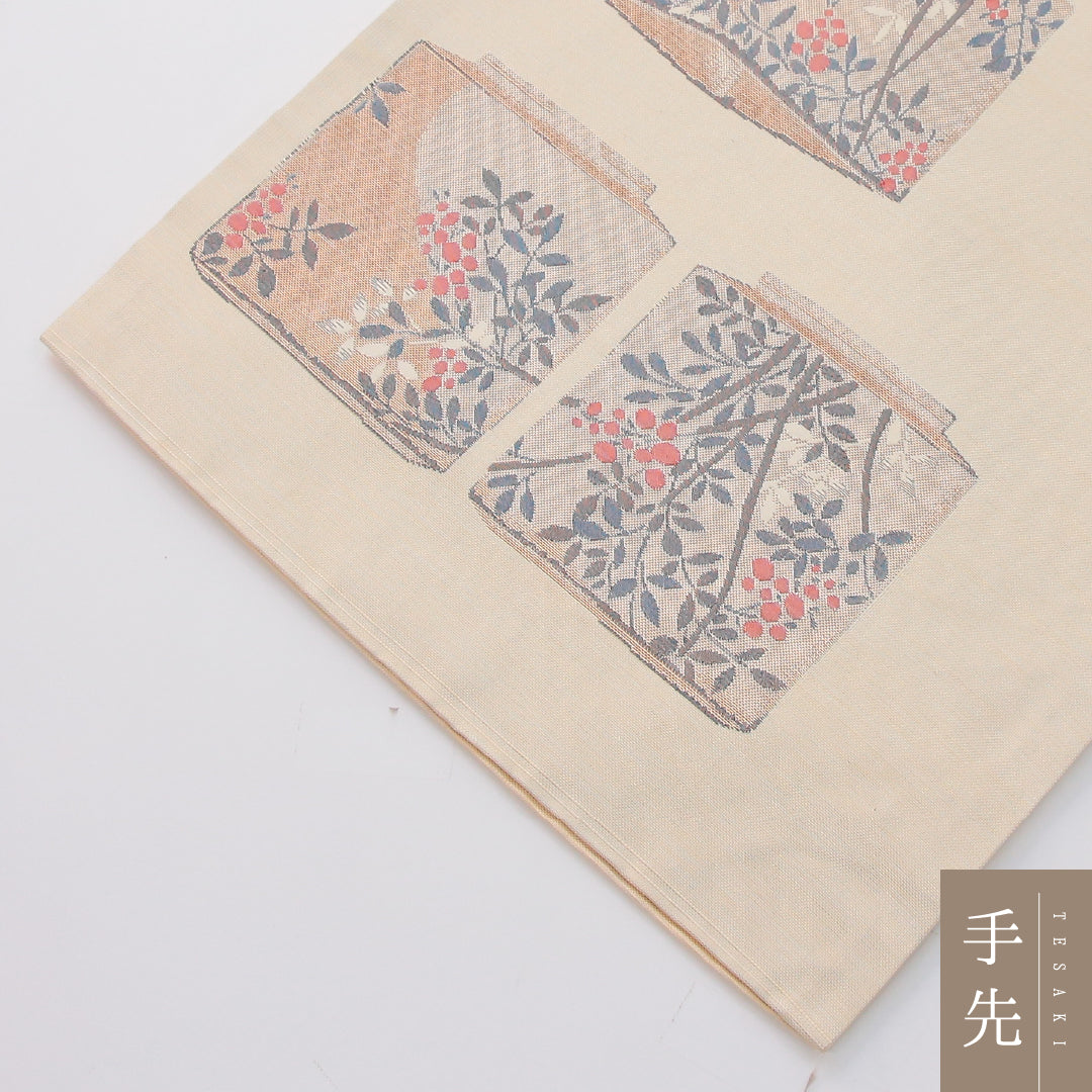 未使用品 袋帯 帯丈432cm 正絹 六通 帯芯なし インフォーマル 創作柄 クリーム系 1243-02319