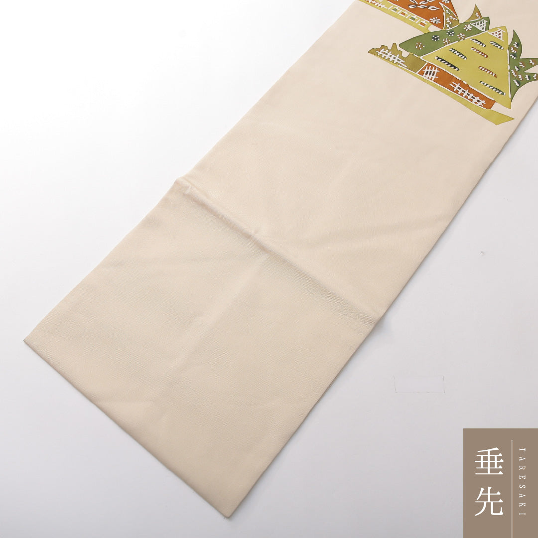 九寸名古屋帯 帯丈334cm カジュアル 名古屋仕立て ポイント柄 Bランク 正絹 染め帯 塩瀬 茶屋辻 クリーム系 1224-03827