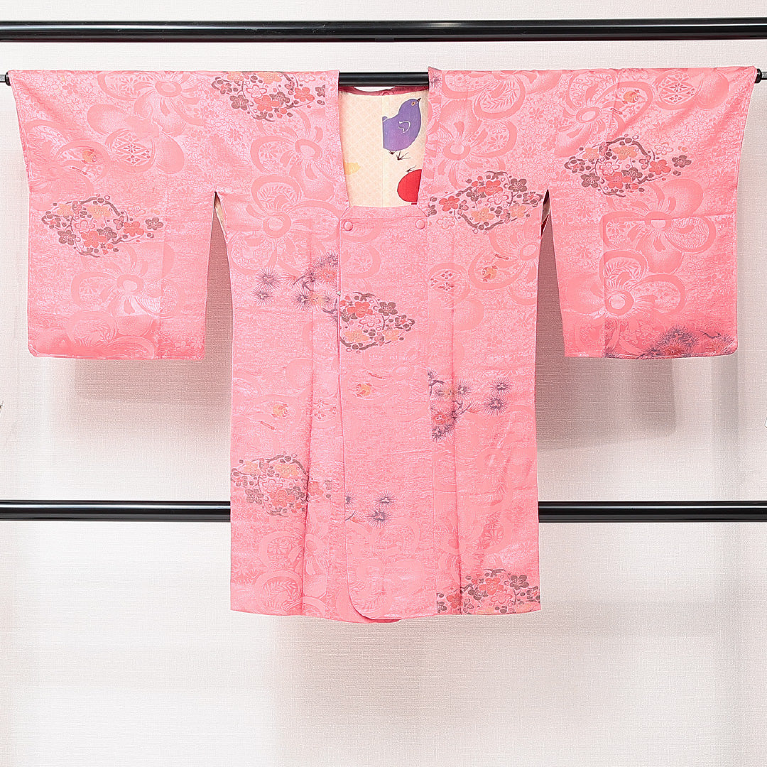 アンティーク 道行コート(お召) 袷 身丈98cm 裄丈65cm 正絹 Bランク Mサイズ ポケットあり 梅 ピンク系 1263-15276