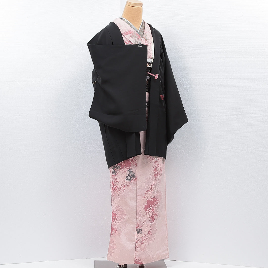 羽織 袷 身丈79cm 裄丈64cm 正絹 Cランク カジュアル Mサイズ 織り出し 紐あり 撫子 黒系 LP 1232-15311