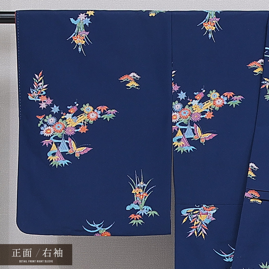 洗える着物 小紋 袷 身丈159cm 裄丈62cm ポリエステル Sランク インフォーマル 広衿 Mサイズ 茶屋辻 紺系 RP 1221-16089