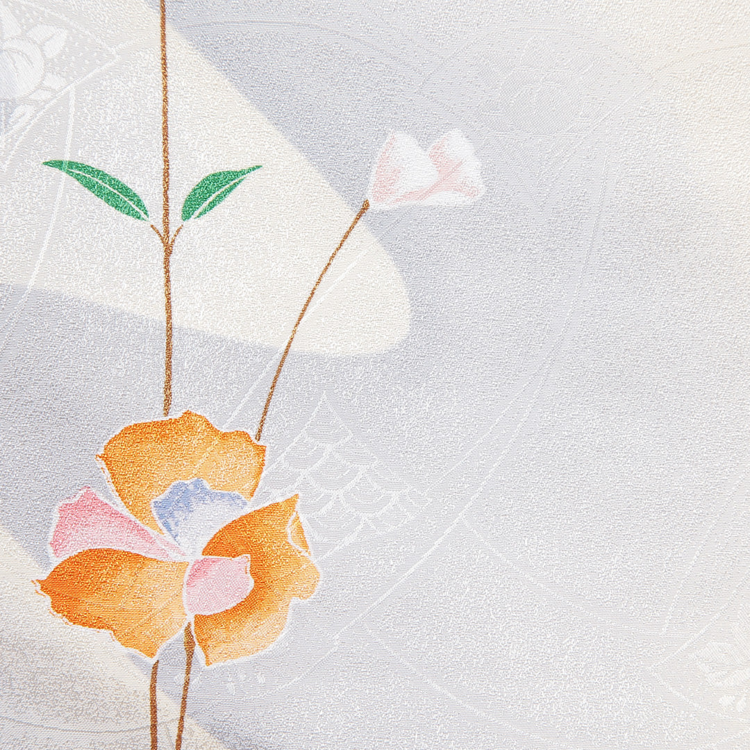 小紋 洗える着物 袷 身丈160cm 裄丈63cm ポリエステル Cランク Lサイズ 広衿 インフォーマル 青海波 花柄 クリーム系 1215-15832