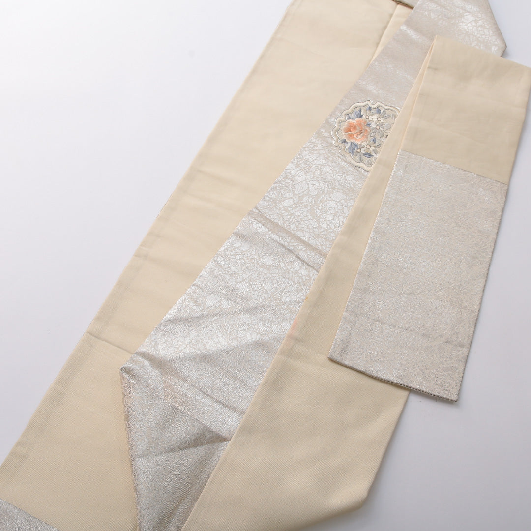 九寸名古屋帯 帯丈358cm セミフォーマル 名古屋仕立て ポイント柄 Cランク 正絹 雪輪 牡丹 銀系 1224-03646