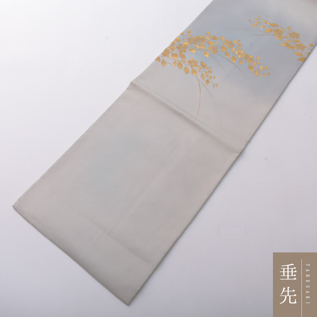 九寸名古屋帯 Cランク 帯丈369cm 正絹 ポイント柄 名古屋仕立て 染め インフォーマル 塩瀬 花柄 グレー系 M4 1245-03629