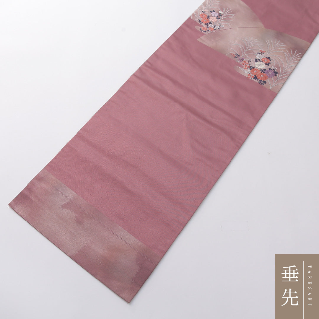 九寸名古屋帯 帯丈349cm セミフォーマル 名古屋仕立て ポイント柄 Sランク 正絹 菊 ピンク系 1224-03292