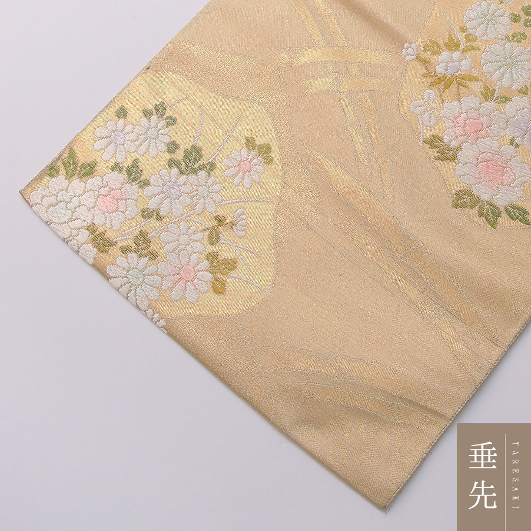 九寸名古屋帯 Aランク 帯丈348cm 正絹 六通 名古屋仕立て 織り セミフォーマル 光悦垣 菊 金系 RP 1245-03230