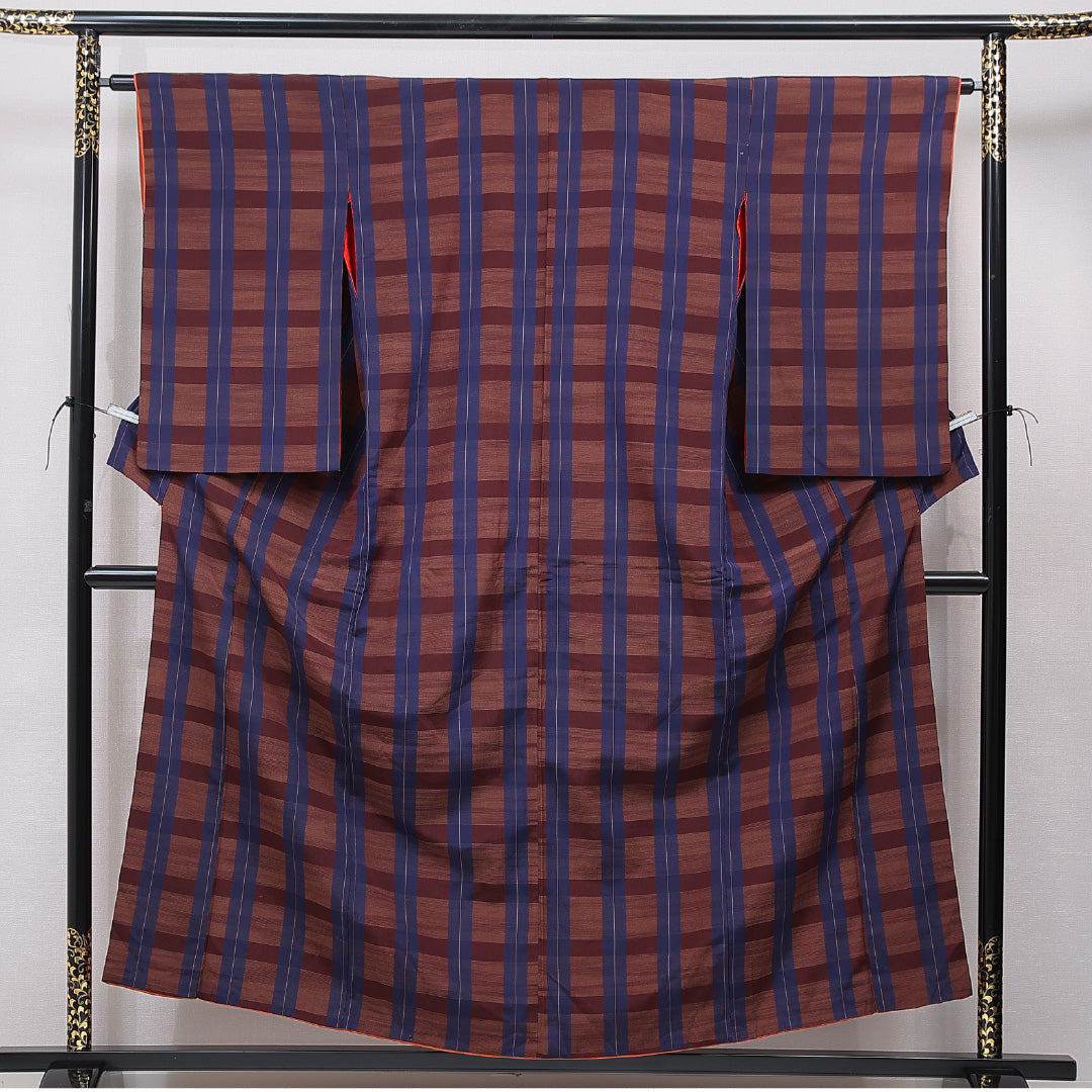 アンティーク 小紋 袷 身丈155cm 裄丈63cm 正絹 Dランク Mサイズ 広衿 格子 茶系 青系 1215-15576