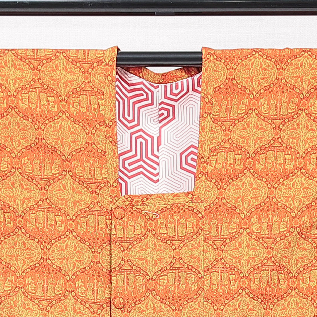 道行コート 袷 身丈88cm 裄丈32cm 正絹 Sランク Sサイズ フォーマル ポケットあり 創作柄 緑系 朱系 1263-15127