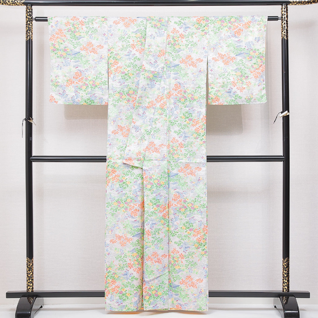 小紋 洗える着物 袷 身丈161cm 裄丈63cm ポリエステル Sランク Lサイズ 広衿 インフォーマル 菊 グレー系 1215-15101