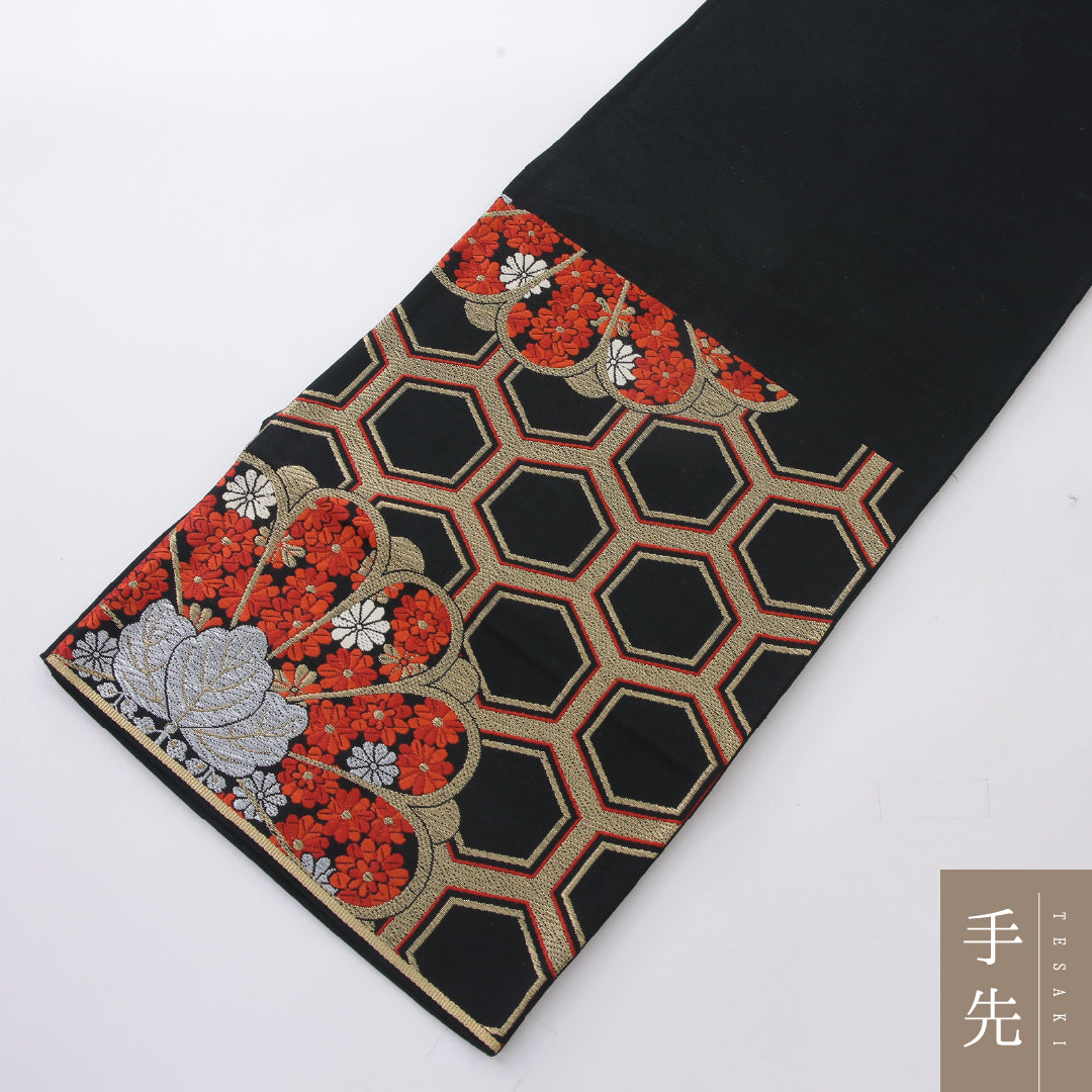 袋帯 帯丈400cm 正絹 六通 未仕立て フォーマル 亀甲 菊 古典柄 桐 黒系 1243-02179