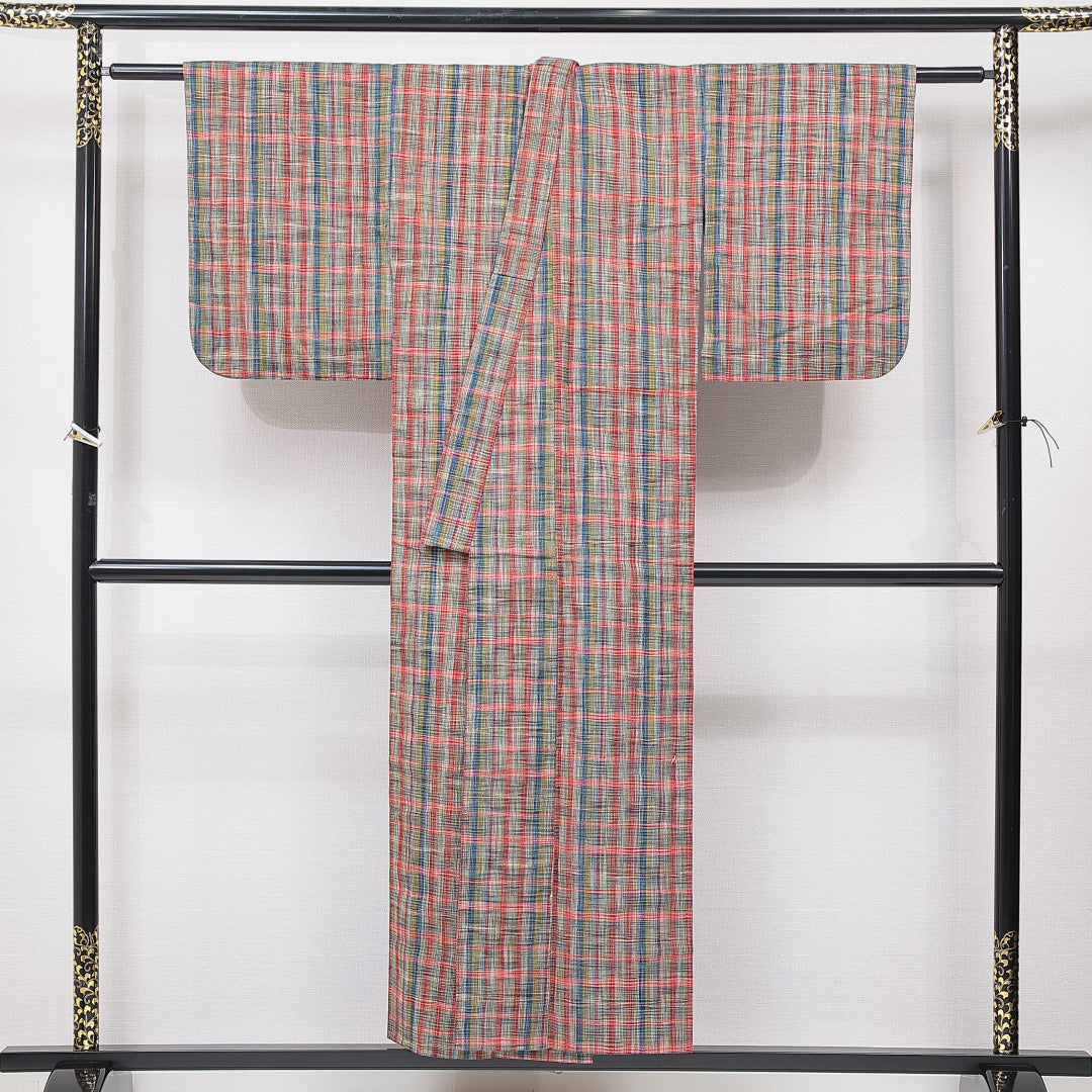 紬 単衣 身丈150cm 裄丈61cm 正絹 Sランク カジュアル バチ衿 Sサイズ 格子 多色系 RP 1223-15728