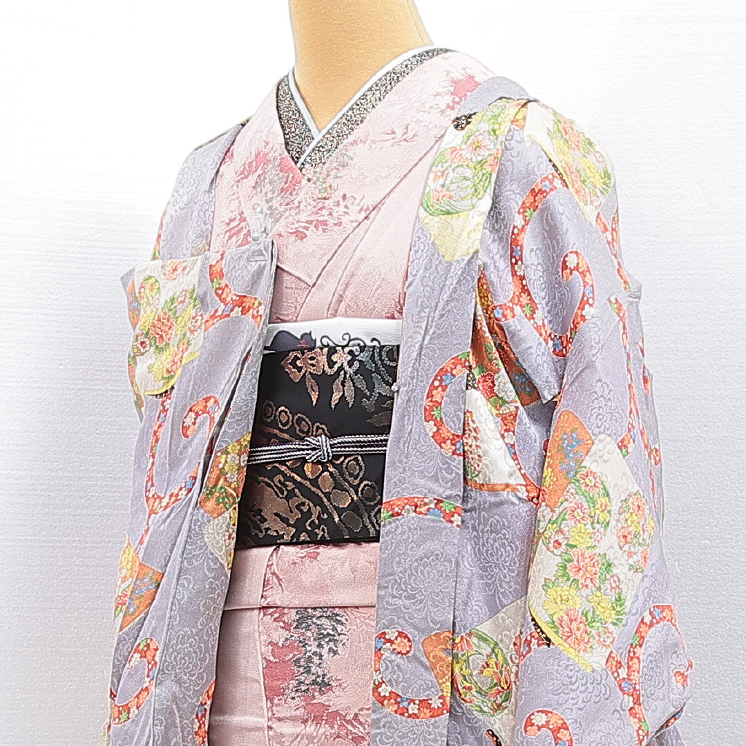 アンティーク 羽織 袷 身丈102cm 裄丈64cm 正絹 Bランク Mサイズ 吉祥文様 紫系 1217-16809