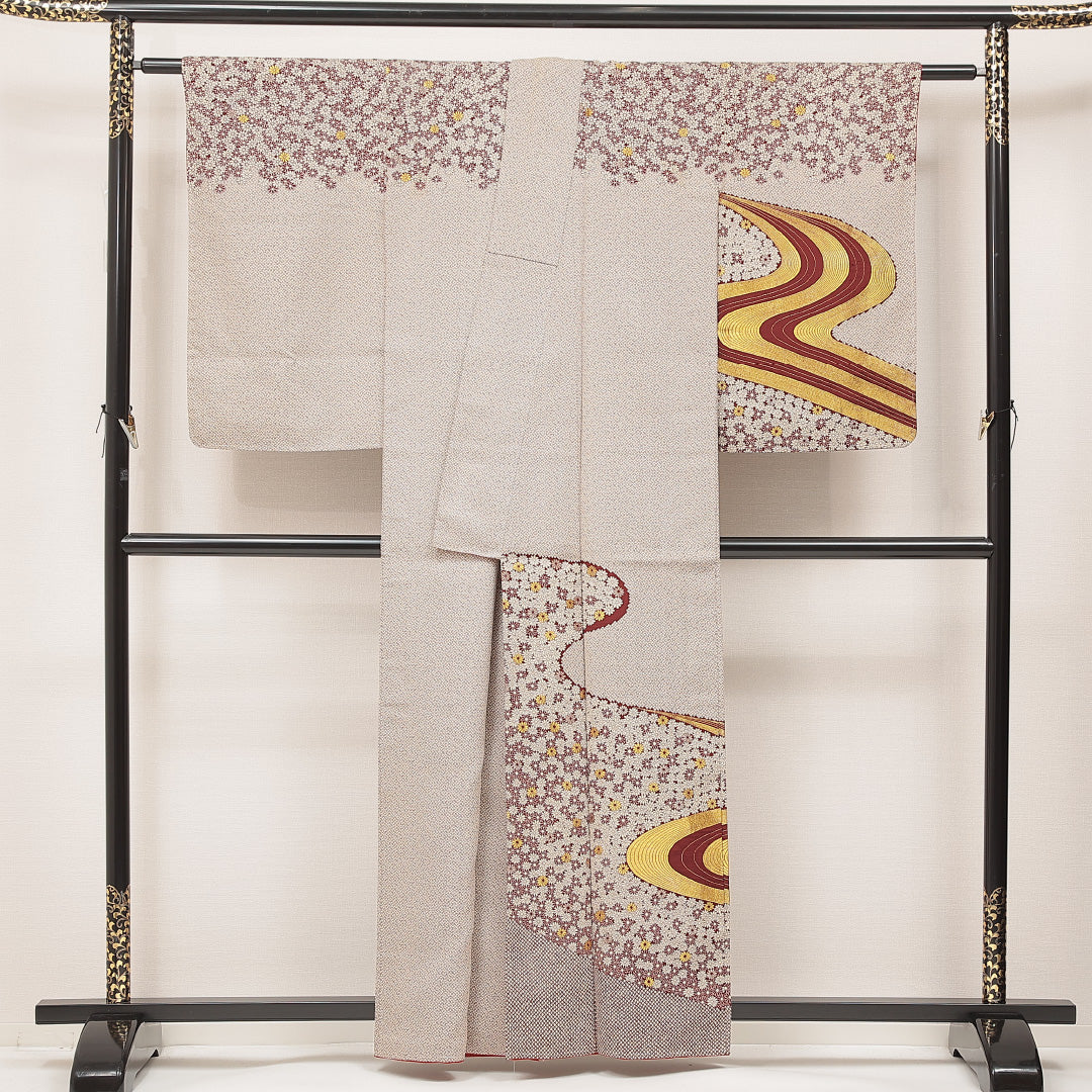 付下げ(紬) 袷 身丈159cm 裄丈63cm 正絹 Cランク Mサイズ 広衿 インフォーマル 流水 菊 茶系 1261-16925