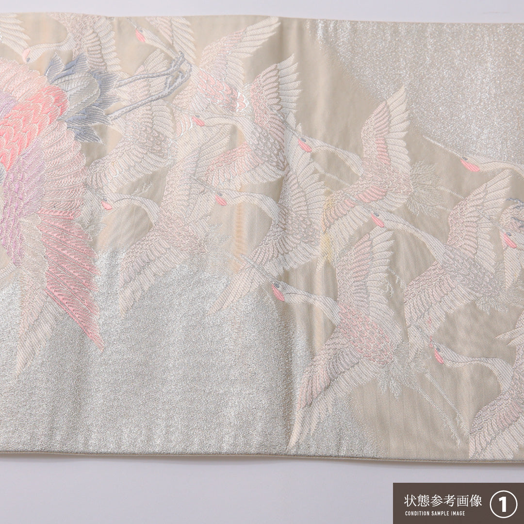 袋帯 帯丈432cm 正絹 六通 フォーマル 琳派 鶴 白系 銀系 1243-01947