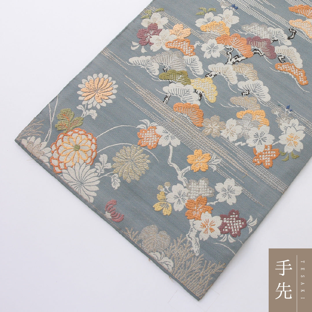 アンティーク 丸帯 帯丈414cm 正絹 全通 四季草花 水色系 グレー系 1242-02201