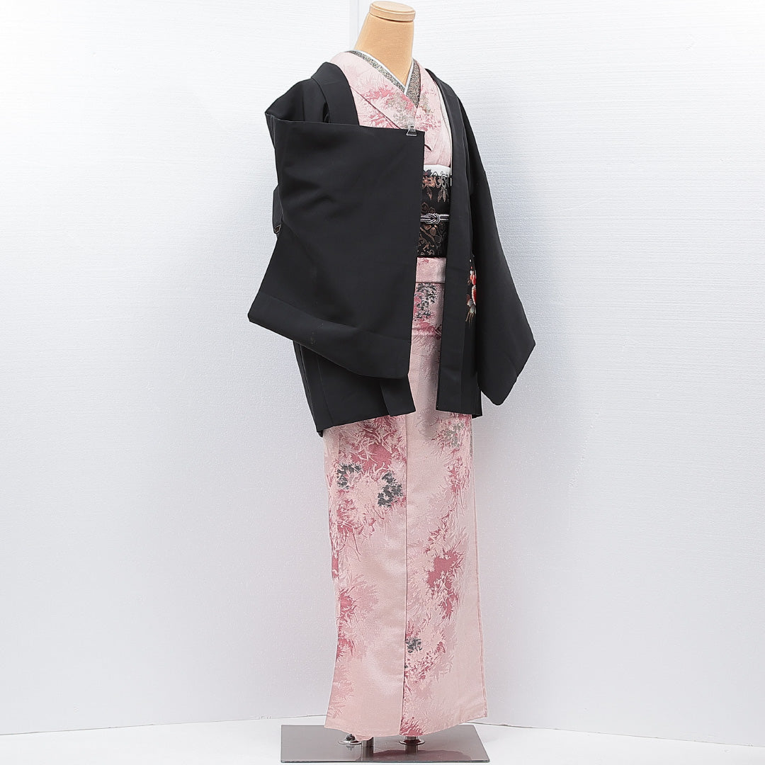 黒羽織 袷 身丈75cm 裄丈63cm 正絹 Bランク 一つ紋 (五三桐) セミフォーマル Sサイズ ぼかし染 亀甲 吉祥文様 黒系 RP 1233-15301