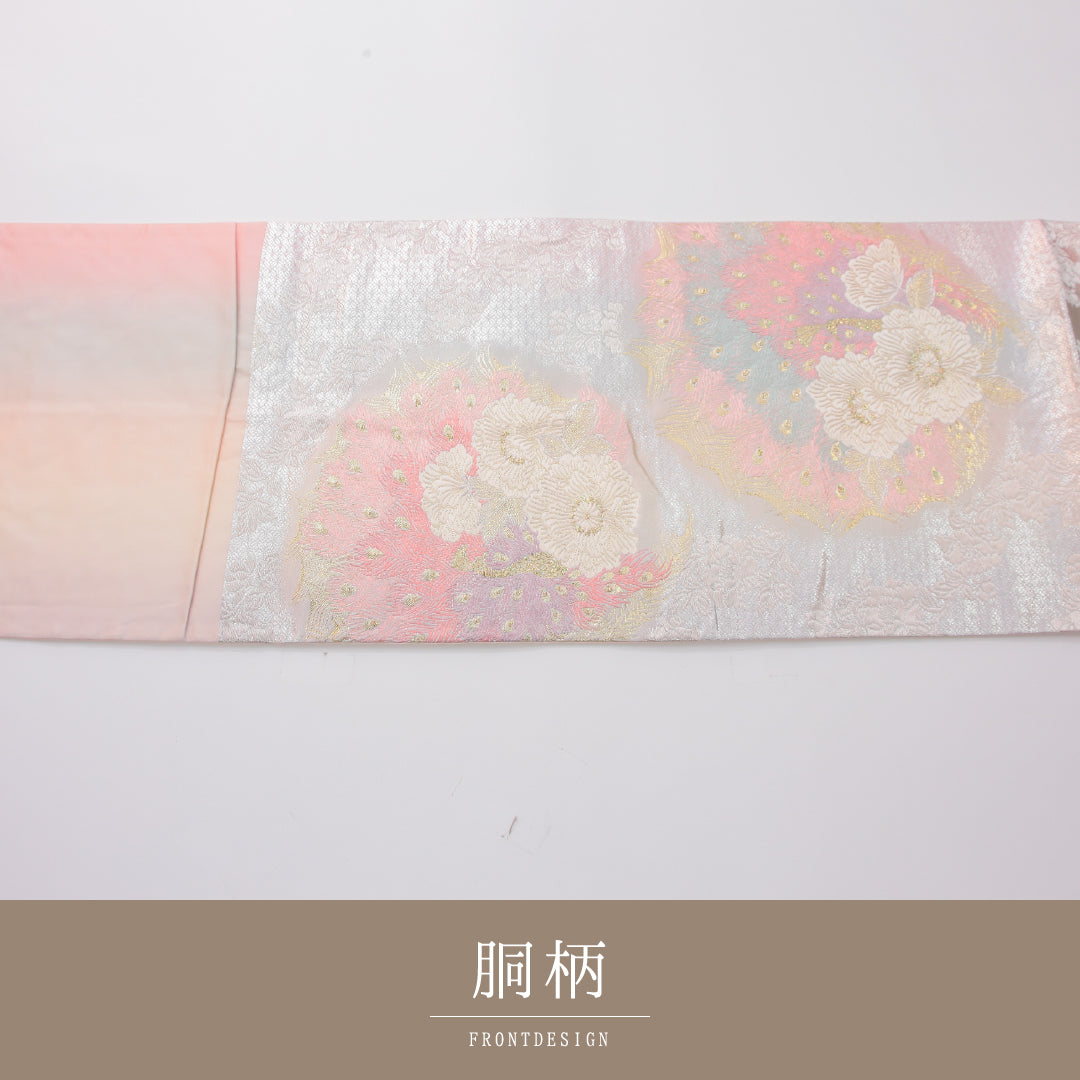 袋帯 帯丈428cm 正絹 六通 帯芯なし フォーマル 佐賀錦 孔雀 銀系 1243-02315