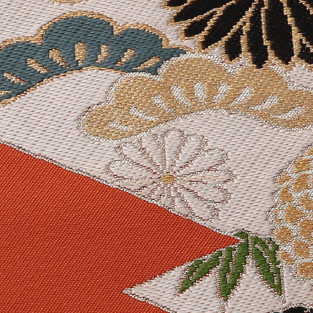 九寸名古屋帯 帯丈335cm カジュアル 名古屋仕立て 六通 Cランク 正絹 松皮菱 菊 松葉 朱系 1224-03602