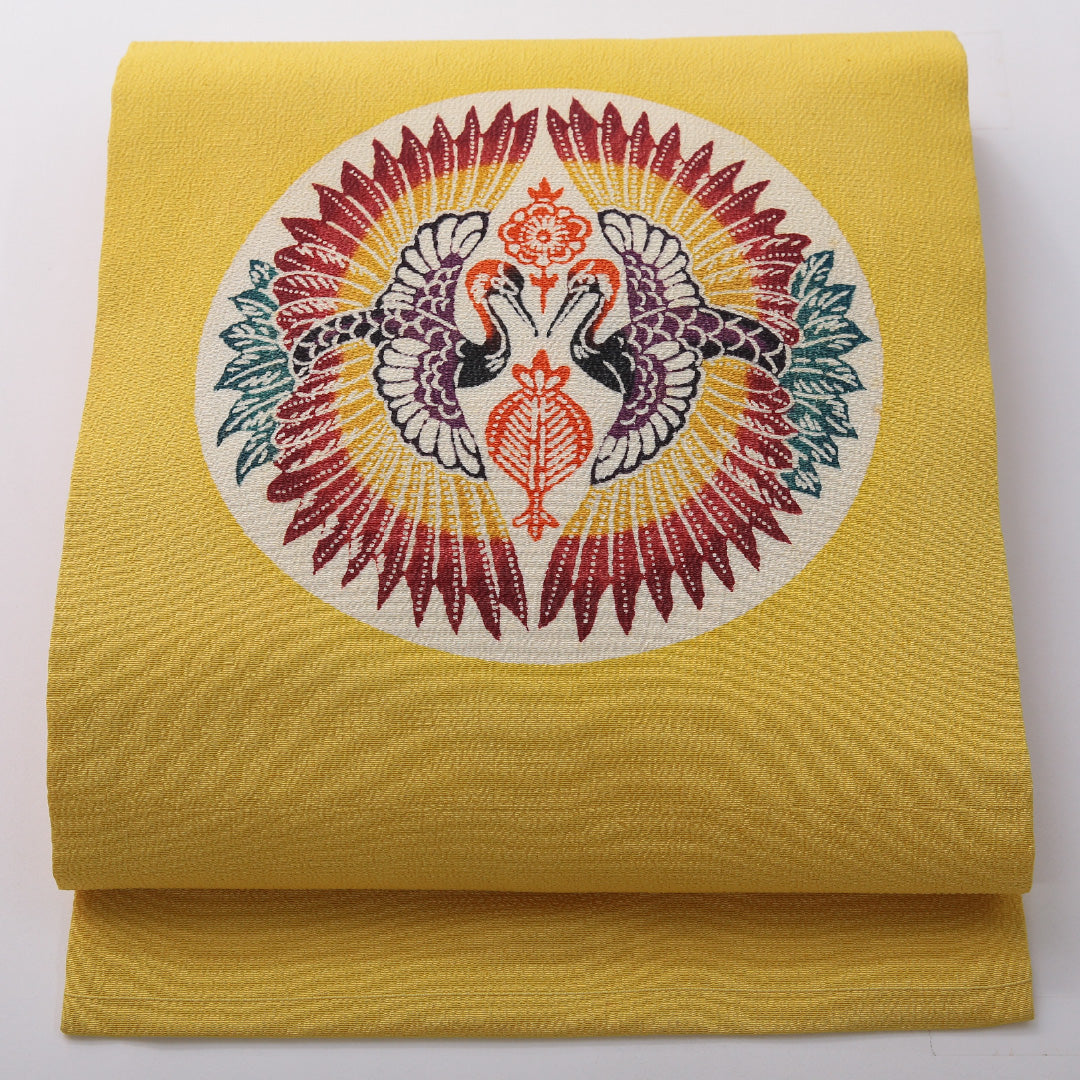 アンティーク 九寸名古屋帯 帯丈361cm セミフォーマル 名古屋仕立て ポイント柄 Bランク 正絹 染め帯 ちりめん 江戸紅型 鳳凰 黄系 1224-03705