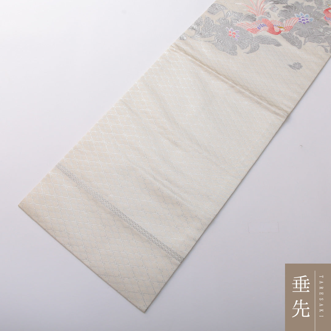 九寸名古屋帯 Aランク 帯丈366cm 正絹 ポイント柄 名古屋仕立て 織り セミフォーマル 唐草鳳凰文 銀系 RP 1245-03489