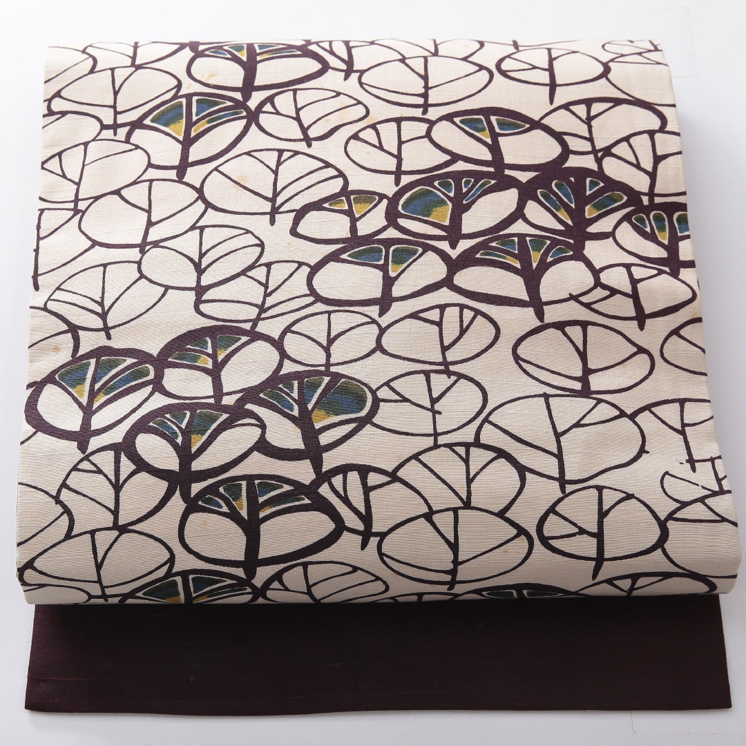 九寸名古屋帯(紬) 帯丈395cm カジュアル 名古屋仕立て 全通 Cランク 正絹 染め帯 後染め 創作柄 クリーム系 1224-03919