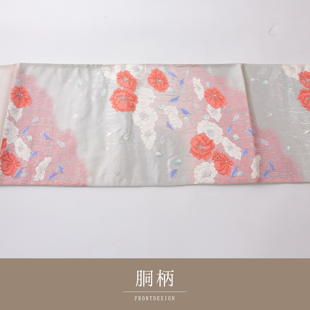 袋帯 帯丈436cm セミフォーマル 六通 帯芯なし Cランク 正絹 花柄 銀系 1223-02238