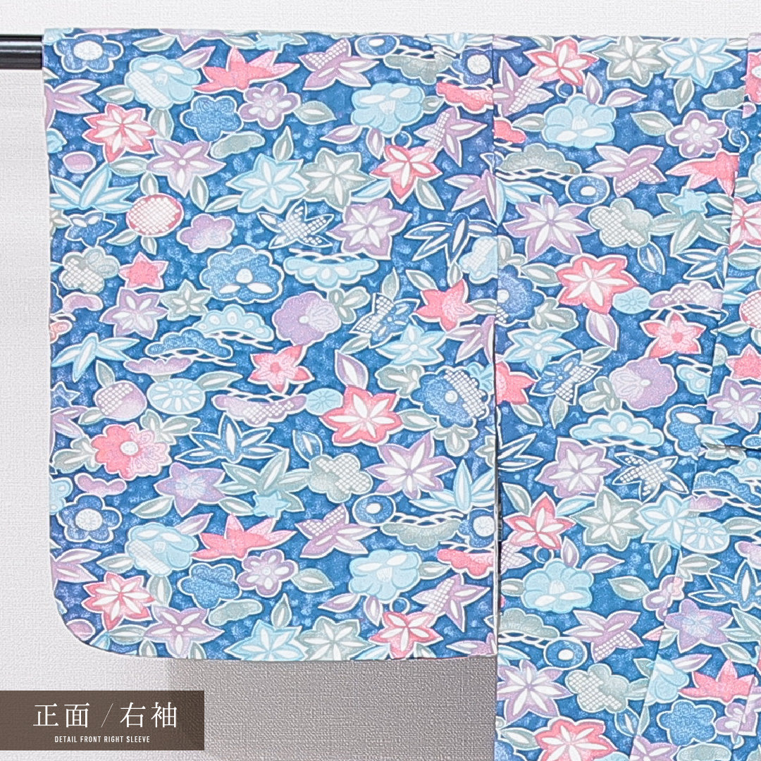 小紋 洗える着物 袷 身丈153cm 裄丈62cm ポリエステル Cランク Sサイズ バチ衿 インフォーマル 花柄 水色系 1215-15726