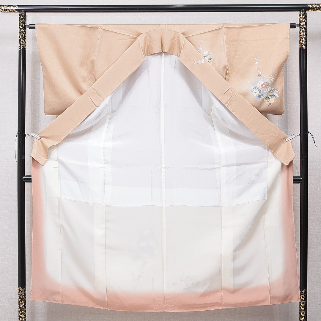 訪問着 袷 身丈153cm 裄丈62cm 正絹 Sランク Sサイズ 広衿 セミフォーマル 雪輪 牡丹 ぼかし染 金彩 ピンク系 クリーム系 1212-15878