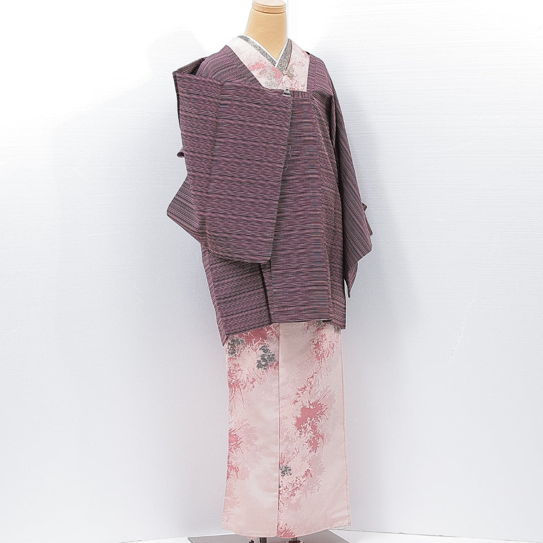 道行コート 袷 身丈85cm 裄丈65cm 正絹 Aランク Mサイズ フォーマル ポケットあり 縞 黒系 赤系 1263-15135