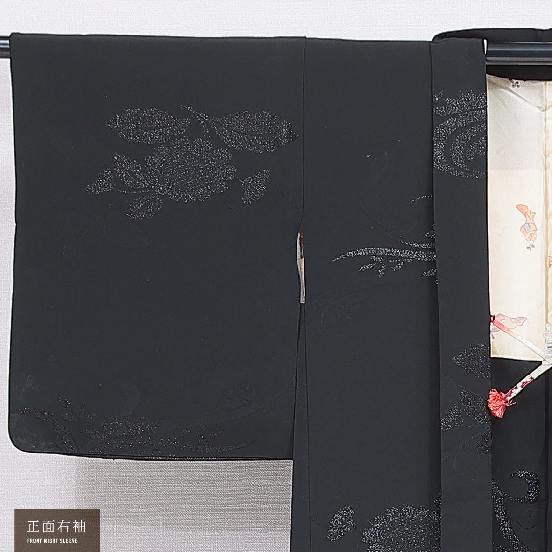 黒羽織 袷 身丈78cm 裄丈63cm 正絹 Aランク 一つ紋 (五三桐) セミフォーマル Sサイズ 漆糸 紐あり 菊 黒系 RP 1233-16832