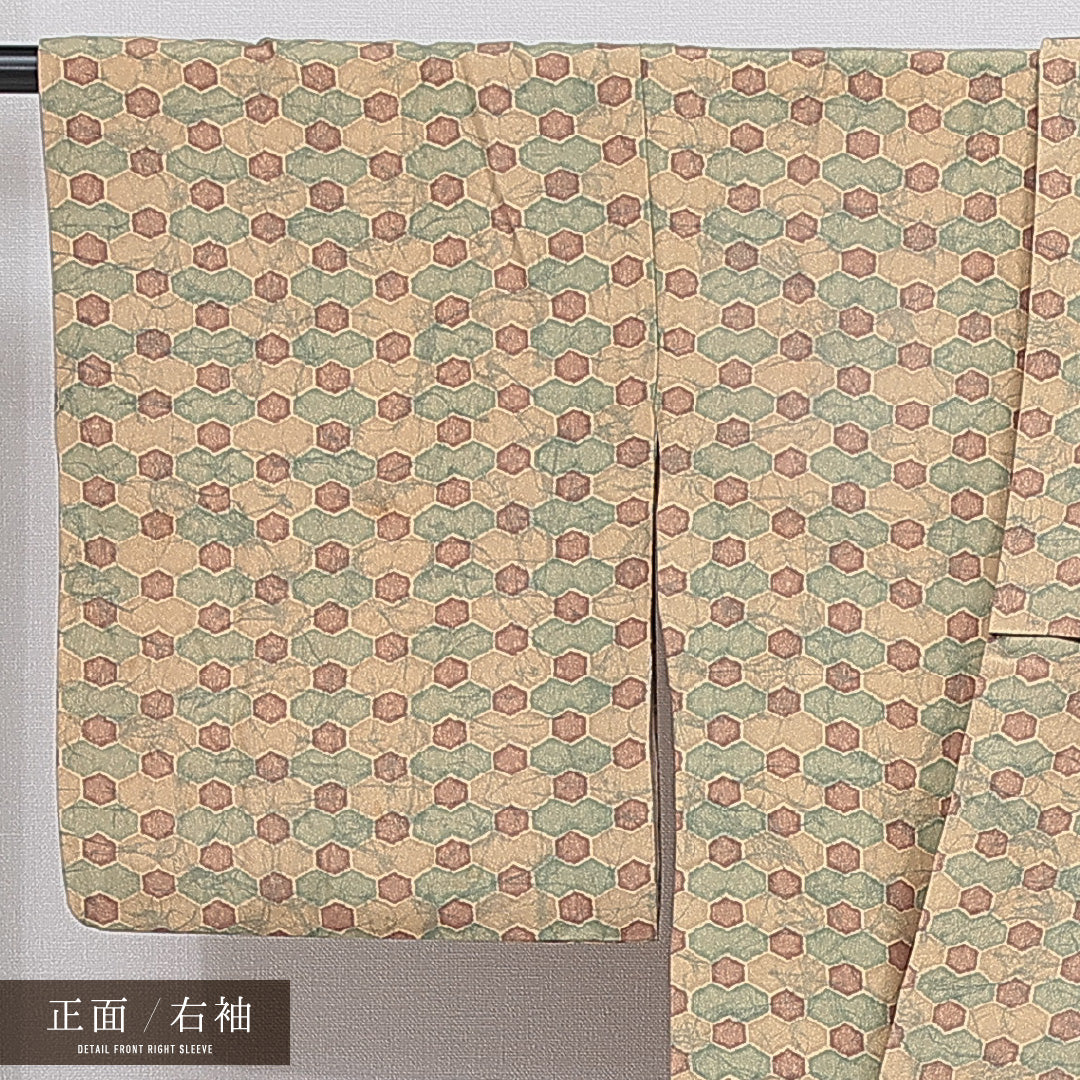 小紋 袷 身丈162cm 裄丈64cm 正絹 Cランク インフォーマル 広衿 Lサイズ 亀甲 クリーム系 LP 1221-15925