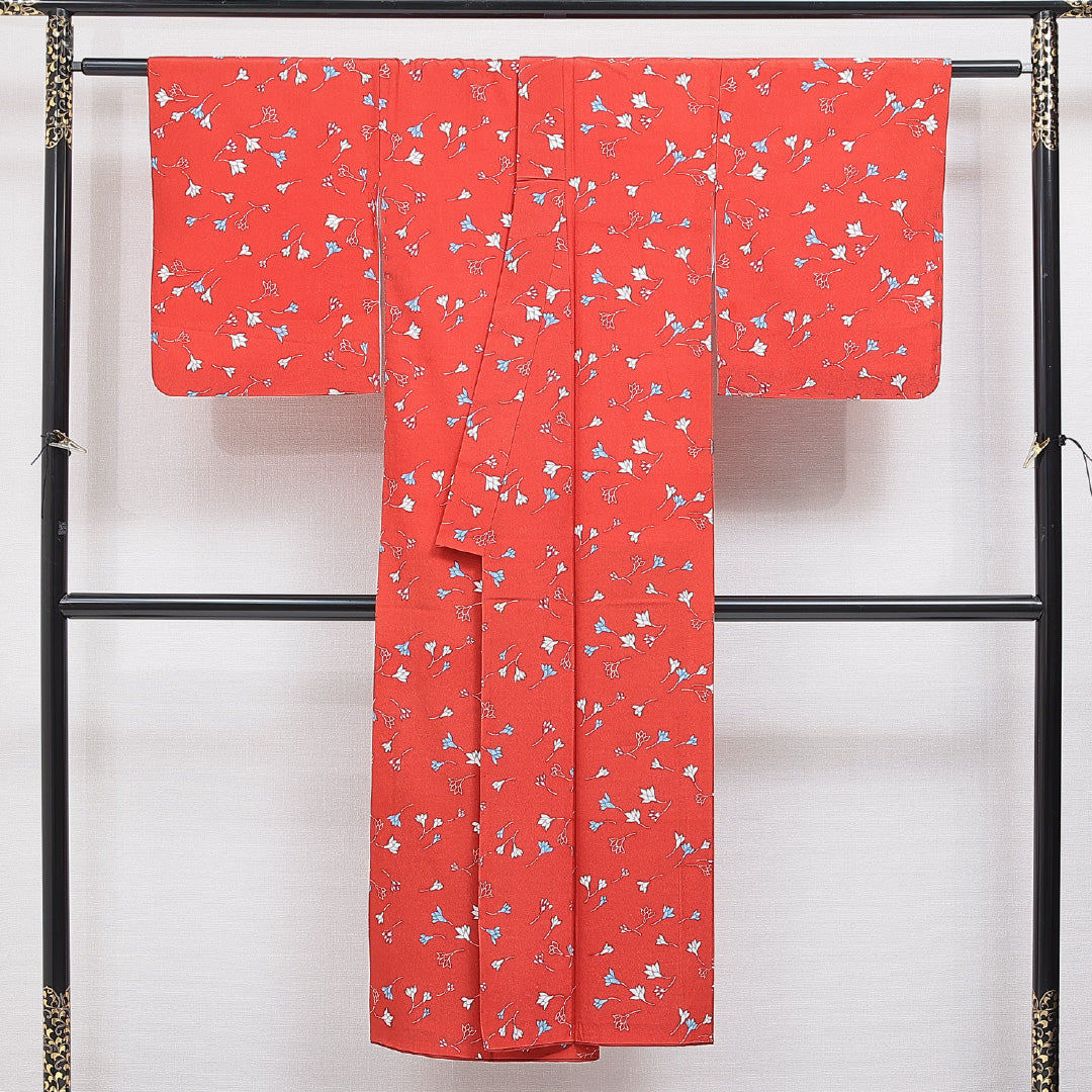 洗える着物 小紋 袷 身丈142cm 裄丈63cm ポリエステル Sランク インフォーマル バチ衿 XSサイズ 植物柄 赤系 RP 1221-16298