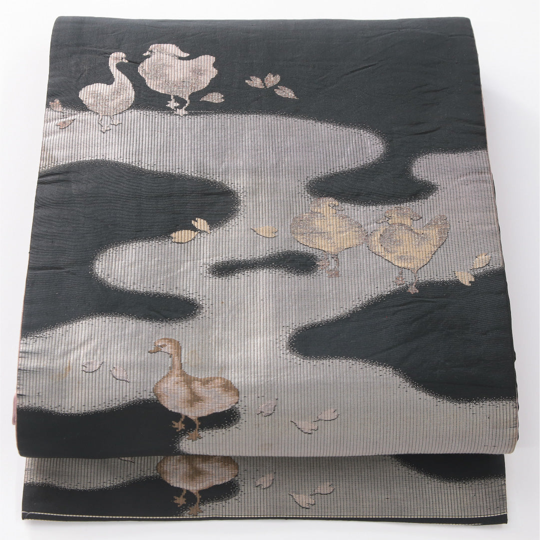 アンティーク 九寸名古屋帯 帯丈366cm 開き仕立て ポイント柄 リバーシブル Aランク 正絹 阿比留 縞 黒系 ピンク系 1224-04174