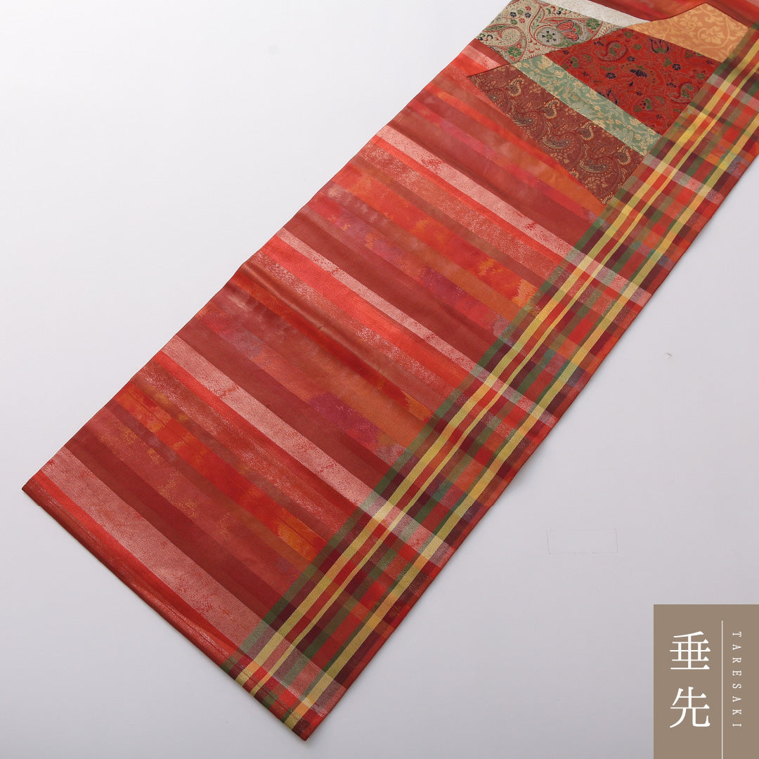 九寸名古屋帯 Sランク 帯丈357cm 正絹 ポイント柄 名古屋仕立て 織り カジュアル 切嵌め ペイズリー 朱系 M4 1245-03425