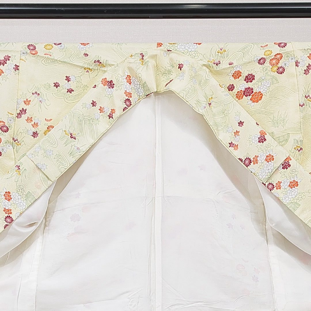 小紋 洗える着物 袷 身丈150cm 裄丈65cm ポリエステル Cランク Sサイズ 広衿 インフォーマル 流水 牡丹 クリーム系 1215-15834