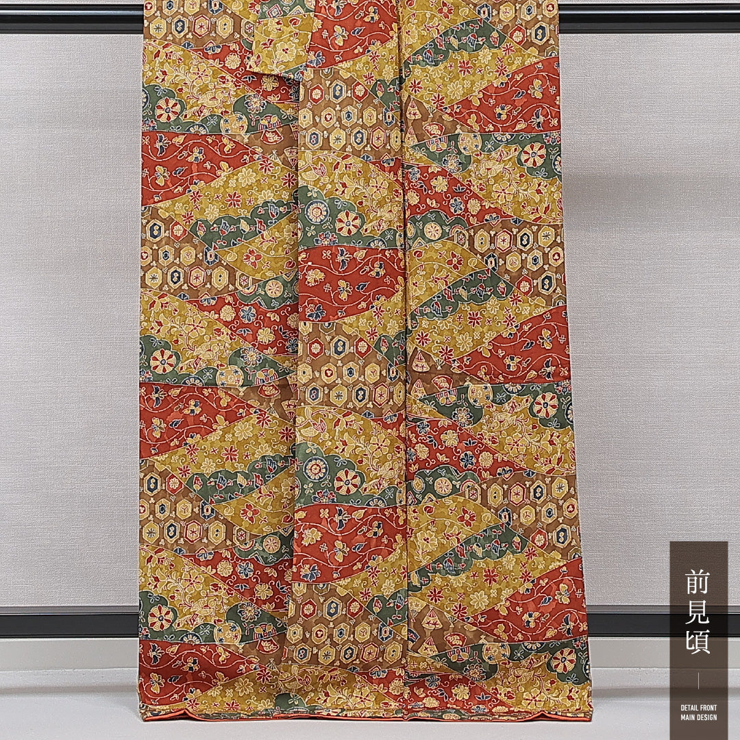 小紋 袷 身丈167cm 裄丈64cm 正絹 Sランク インフォーマル 広衿 XLサイズ 植物柄 茶系 RP 1221-15361