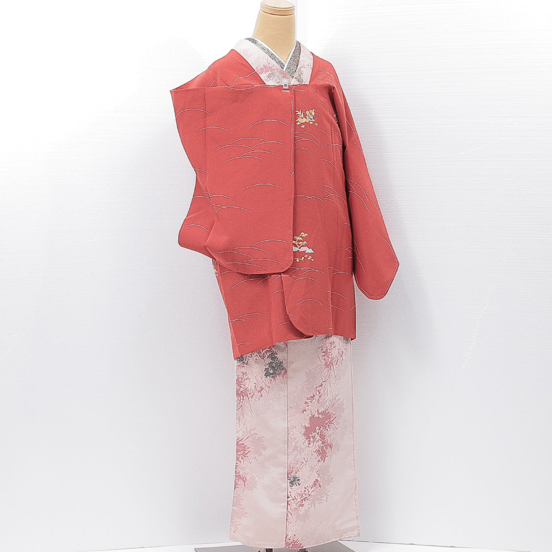 道行コート 袷 身丈87cm 裄丈65cm 正絹 Sランク Mサイズ フォーマル ポケットあり 松 赤系 朱系 1263-15129