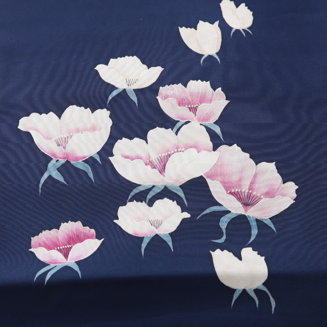 九寸名古屋帯 帯丈349cm インフォーマル 名古屋仕立て ポイント柄 Bランク 正絹 塩瀬 芙蓉 紺系 1224-03899