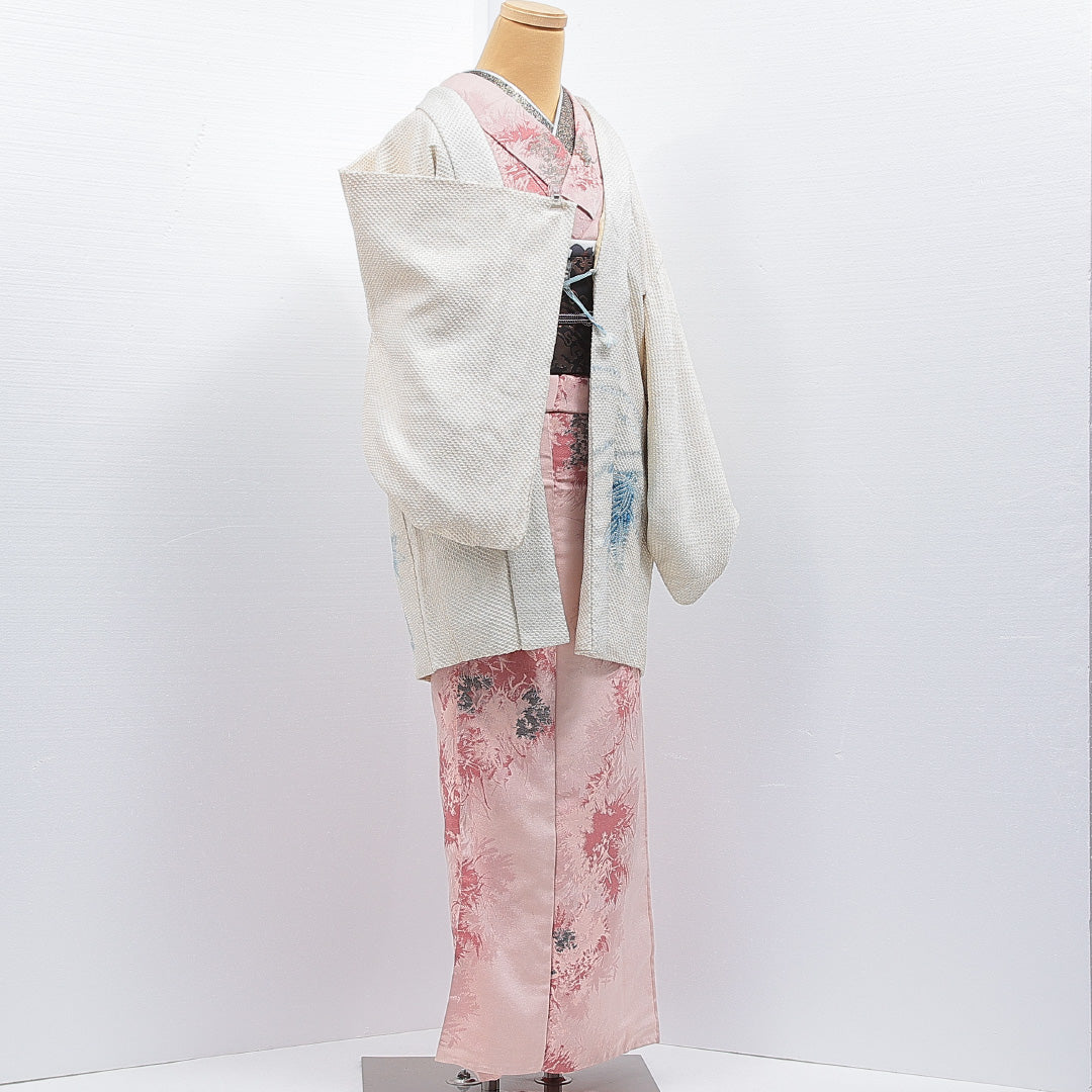 羽織 袷 身丈83cm 裄丈65cm 正絹 Cランク カジュアル Mサイズ 紐あり 笹 クリーム系 HP 1232-16836