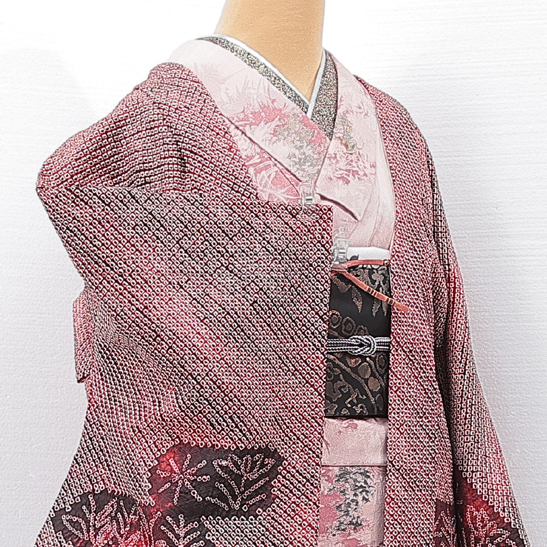 羽織 袷 身丈81cm 裄丈62cm 正絹 Aランク カジュアル バチ衿 Sサイズ 紐あり 花柄 赤系 RP 1232-15181