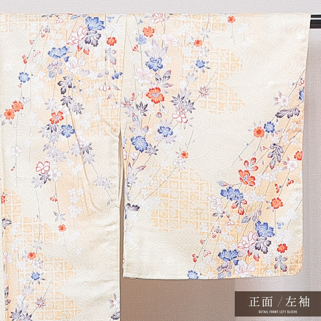 洗える着物 小紋 袷 身丈164cm 裄丈64cm ポリエステル Sランク 紋意匠 (吉祥文様) インフォーマル 広衿 Lサイズ 桜 紅葉 クリーム系 RP 1221-16012