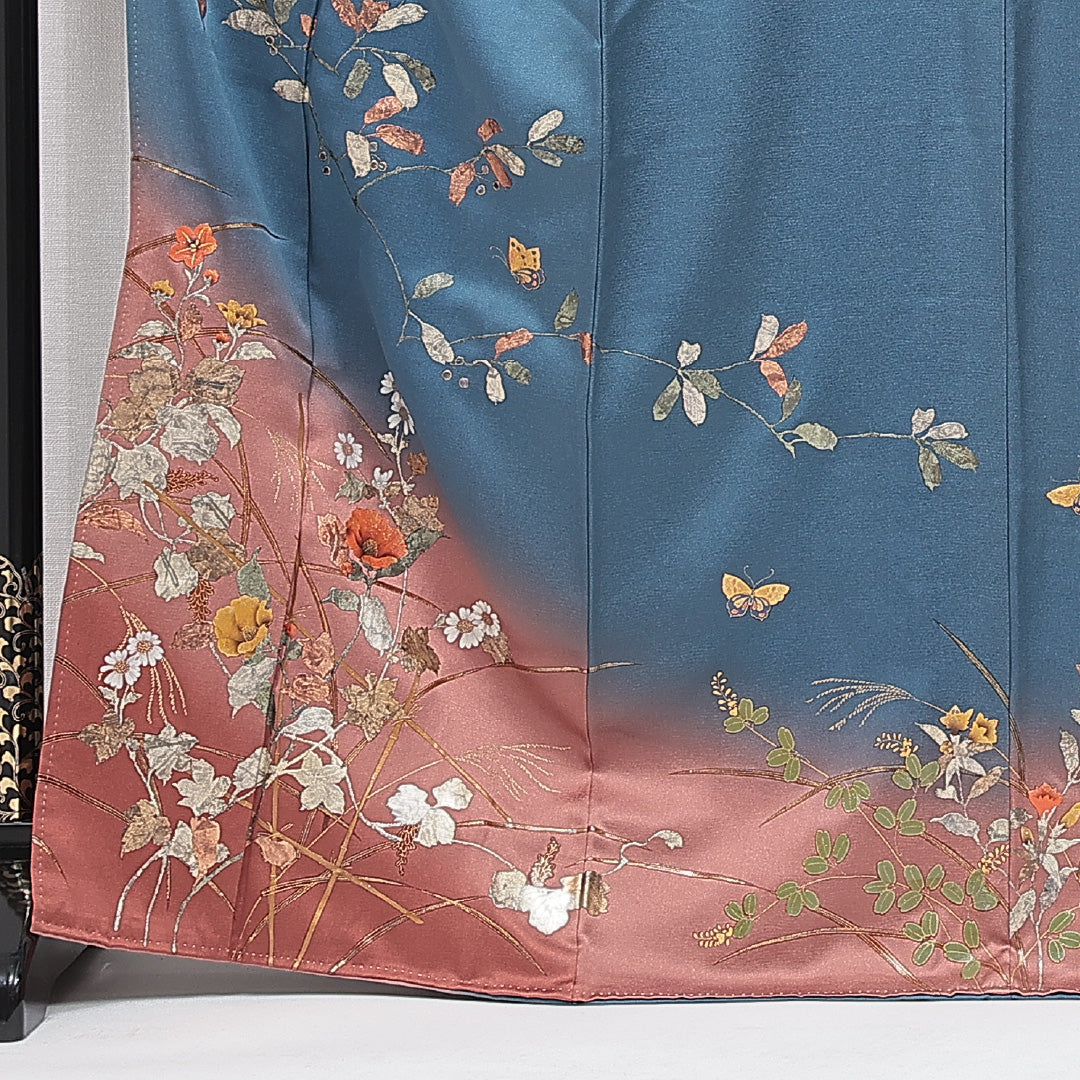 訪問着 袷 身丈168cm 裄丈66cm 正絹 Bランク セミフォーマル 広衿 XLサイズ 染色作家 松森和隆 ぼかし染 金彩 作家物 落款 椿 青系 RP 1217-15108