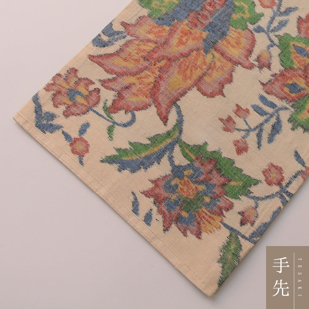 袋帯 帯丈428cm セミフォーマル 全通 Cランク 正絹 植物柄 クリーム系 1223-01882