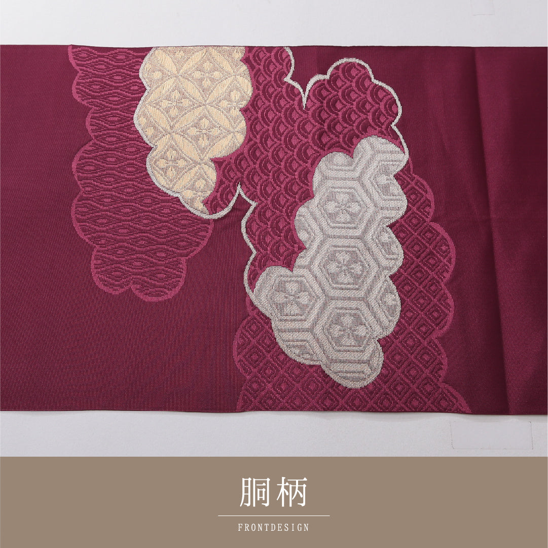 八寸名古屋帯 帯丈355cm セミフォーマル 松葉仕立て ポイント柄 Aランク 正絹 吉祥文様 雲取り 紫系 赤系 1224-03834