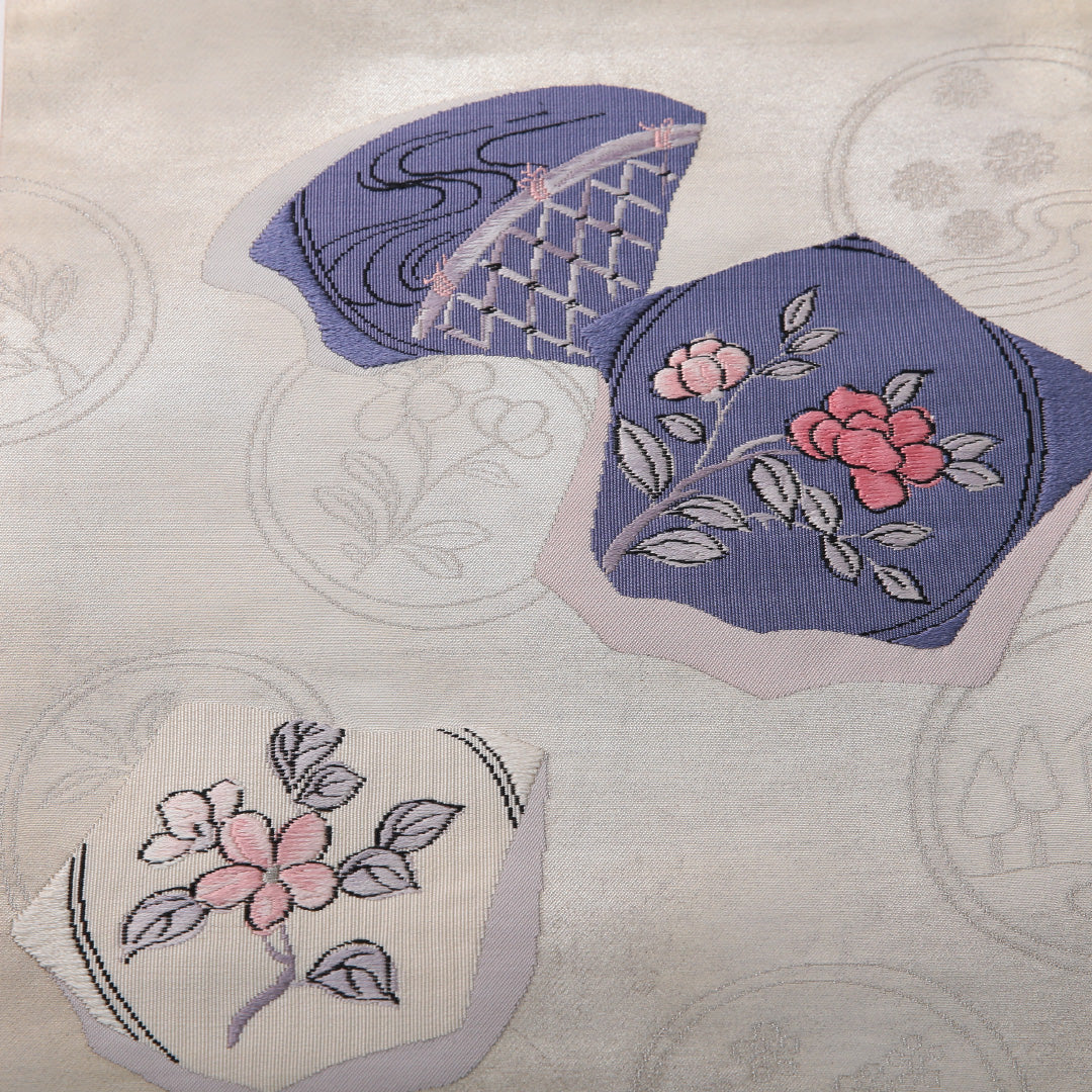 九寸名古屋帯 帯丈348cm セミフォーマル 名古屋仕立て ポイント柄 Cランク 正絹 花柄 クリーム系 1224-03510