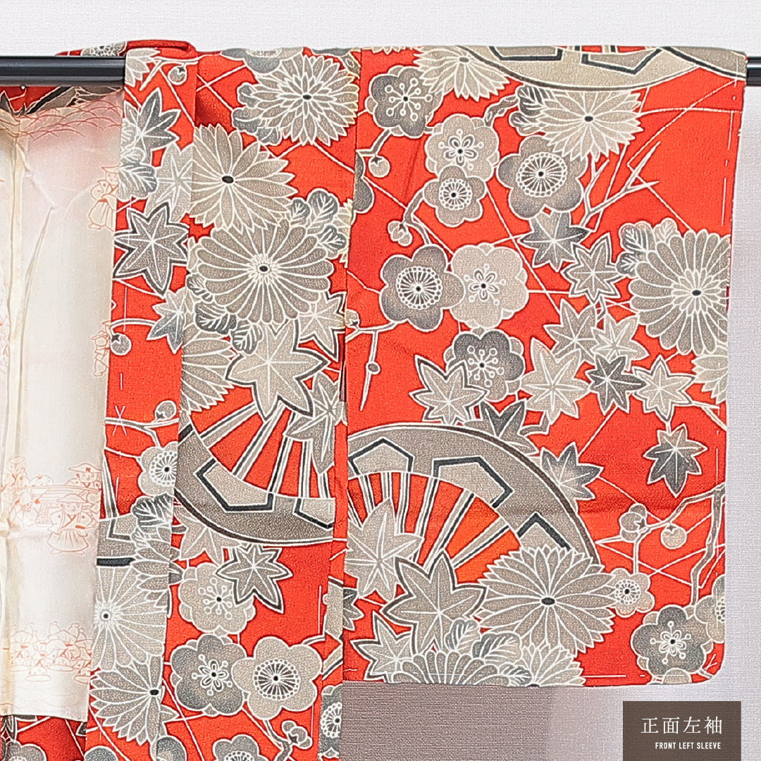 アンティーク 羽織 袷 身丈87cm 裄丈67cm 正絹 Bランク Mサイズ ちりめん 菊 赤系 1217-16813